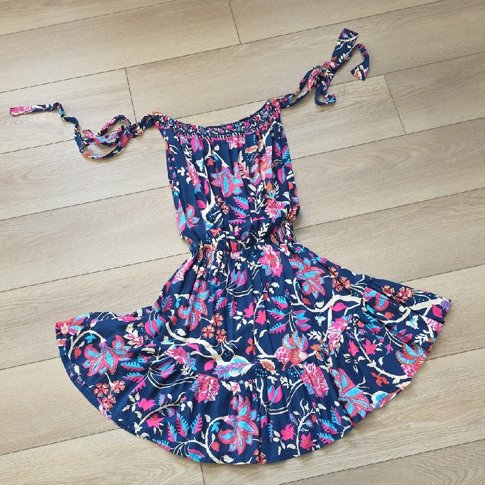 Tiare Hawaii Navy Floral Tie-Shoulder Smocked Sundress